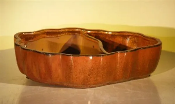 Aztec Orange Ceramic Bonsai Pot, Oval with Scalloped Edges, Land/Water Divider 8.75" x 6.0" x 3.0"