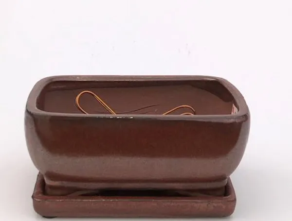 Aztec Orange Ceramic Bonsai Pot Rectangle, With Attached Humidity/Drip Tray 8.25" x 6.5" x 4"