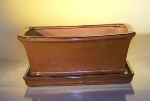 Aztec Orange Ceramic Bonsai Pot, Rectangle with Attached Humidity/Drip tray 10.75" x 8.5" x 4.125"