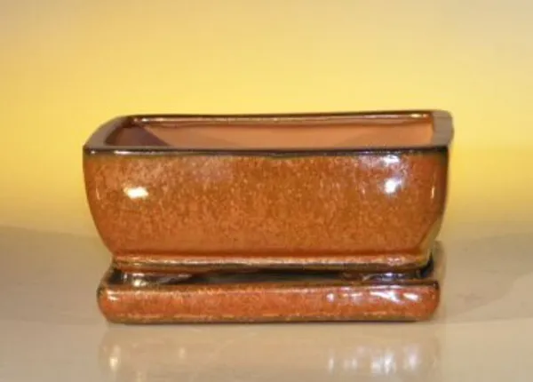 Aztec Orange Ceramic Bonsai Pot, Rectangle With Attached Humidity/Drip tray 6.37" x 4.75" x 2.625"