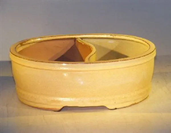 Beige Ceramic Bonsai Pot, Land/Water Divider 10" x 7.5" x 4"
