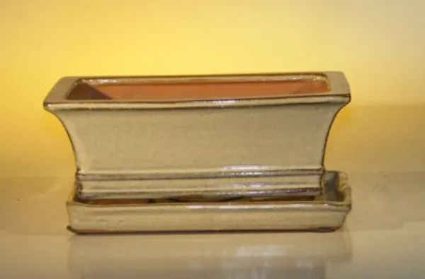 Beige Ceramic Bonsai Pot, Rectangle With Attached Humidity/Drip tray 8.5" x 6.5" x 3.5"