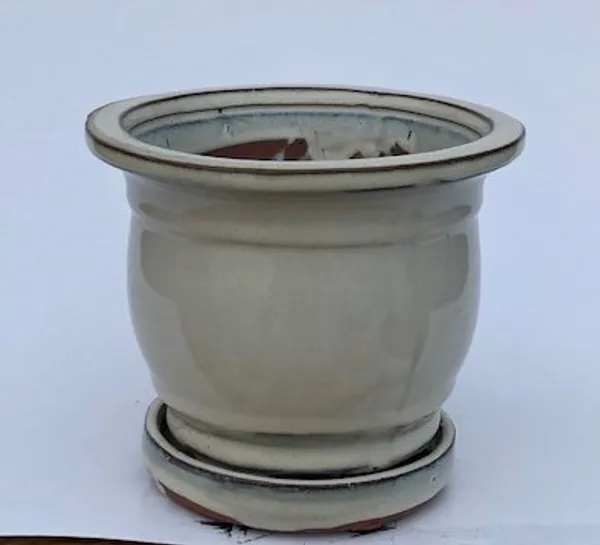 Beige Ceramic Bonsai Pot, Round With Attached Humidity Drip Tray 5.75" x 5.75" x 5.5"