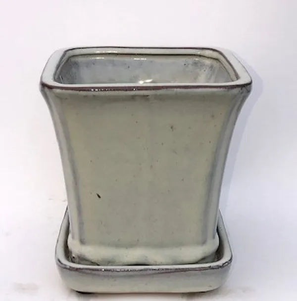 Beige Ceramic Bonsai Pot Square With Attached Humidity / Drip Tray 5.25" x 5.25" x 5.5"
