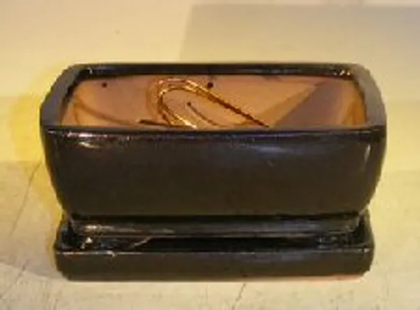 Black Ceramic Bonsai Pot, Rectangle with Attached Humidity/Drip Tray 6.37" x 4.75" x 2.625"