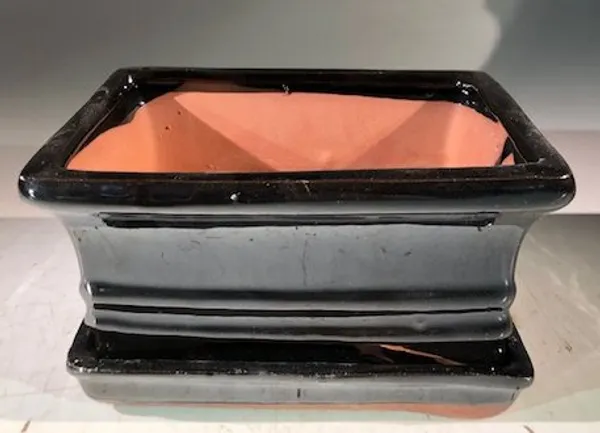 Black Ceramic Bonsai Pot, Rectangle With Humidity Drip Tray 6" x 4.5" x 3"