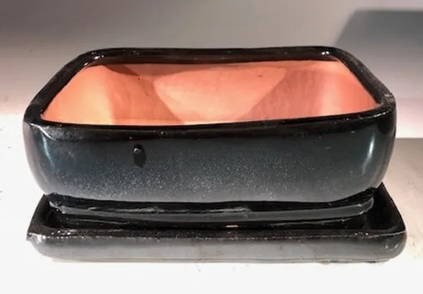 Black Ceramic Bonsai Pot, Rectangle With Humidity Drip Tray 7" x 5.5" x 3"