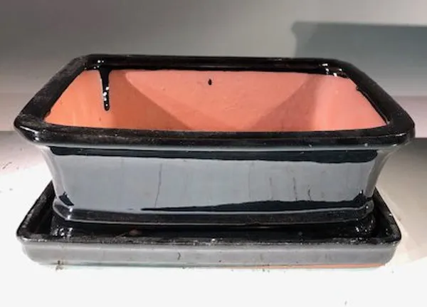 Black Ceramic Bonsai Pot, Rectangle With Humidity Drip Tray 8" x 6" x 3"