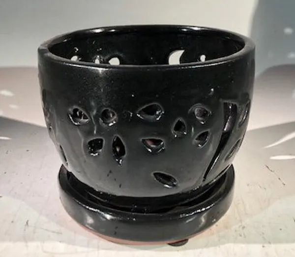 Black Ceramic Orchid Pot, Round With Attached Humidity Drip Tray 6" x 4.75" tall