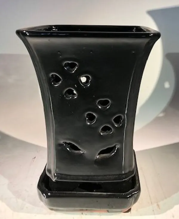 Black Ceramic Orchid Pot, Square With Attached Humidity Drip Tray 6.5" x 6.5" x 9"