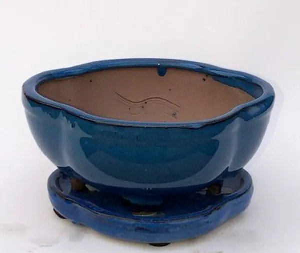 Blue Ceramic Bonsai Pot, Lotus Shaped With Attached Humidity Drip Tray 6.25" x 5.25" x 3.5"