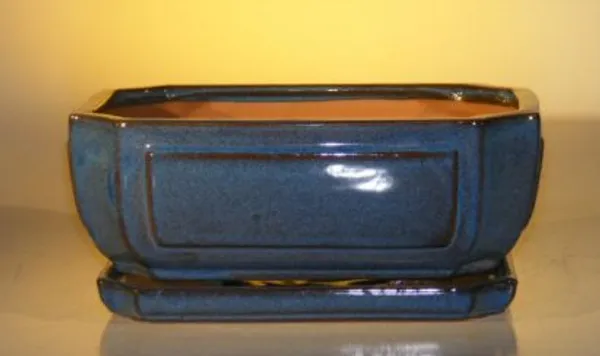 Blue Ceramic Bonsai Pot, Rectangle with Attached Humidity/Drip tray 10.75" x 8.5" x 4.125"