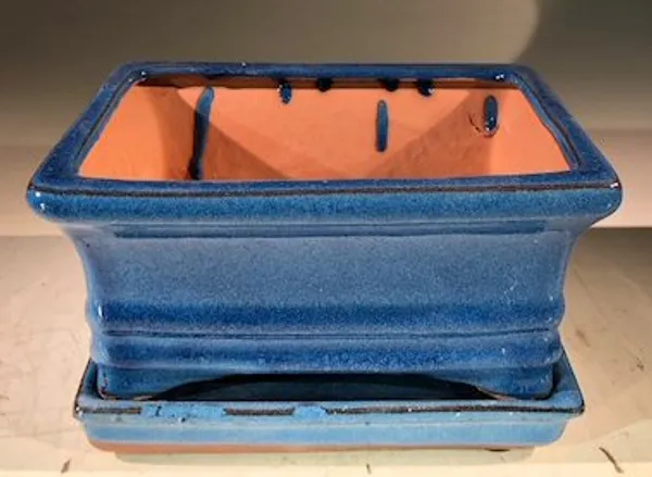 Blue Ceramic Bonsai Pot, Rectangle With Humidity Drip Tray 6" x 4.5" x 3"