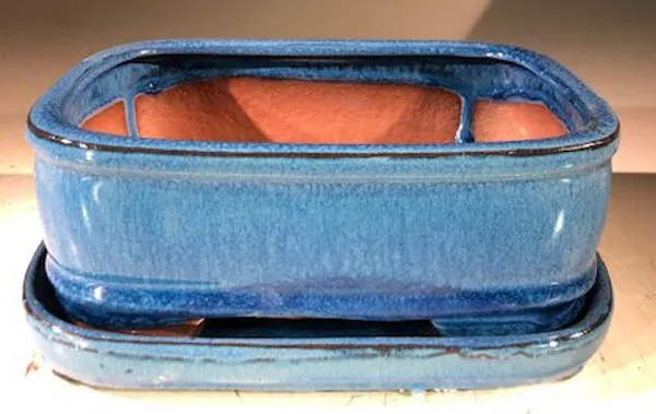 Blue Ceramic Bonsai Pot, Rectangle With Humidity Drip Tray 7" x 5.5" x 3"
