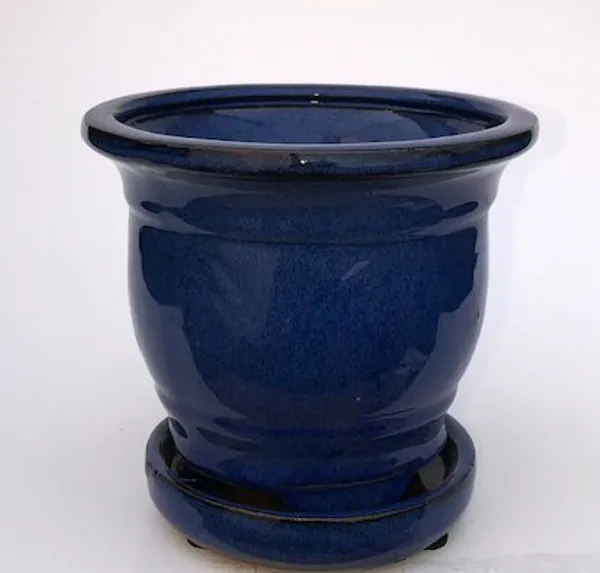 Blue Ceramic Bonsai Pot, Round Attached Humidity/Drip tray 5.75" x 5.75" x 5.0"