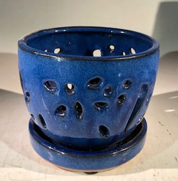 Blue Ceramic Orchid Pot, Round With Attached Humidity Drip Tray 6" x 4.75" tall