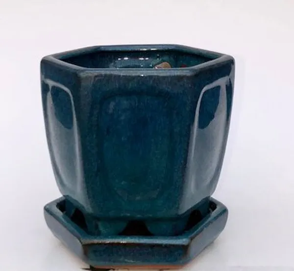 Blue / Green Ceramic Bonsai Pot, Hexagon With Attached Humidity Drip Tray 5.5" x 5.5" x 5.5"