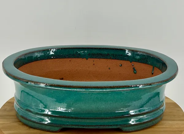 Blue / Green Ceramic Bonsai Pot, Oval 14.0" x 11.5" x 4.0"