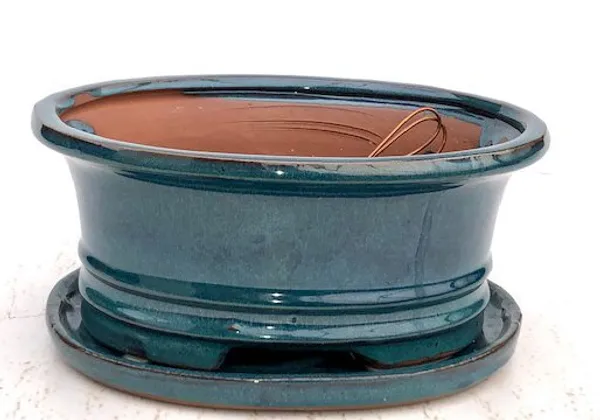 Blue / Green Ceramic Bonsai Pot, Oval with Attached Humidity/Drip Tray 10.75" x 8.5" x 4.125"