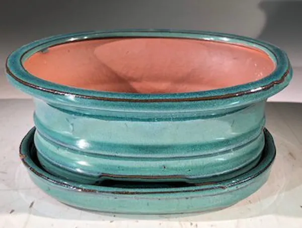 Blue / Green Ceramic Bonsai Pot, Oval With Humidity Drip Tray 7" x 5.5" x 3"