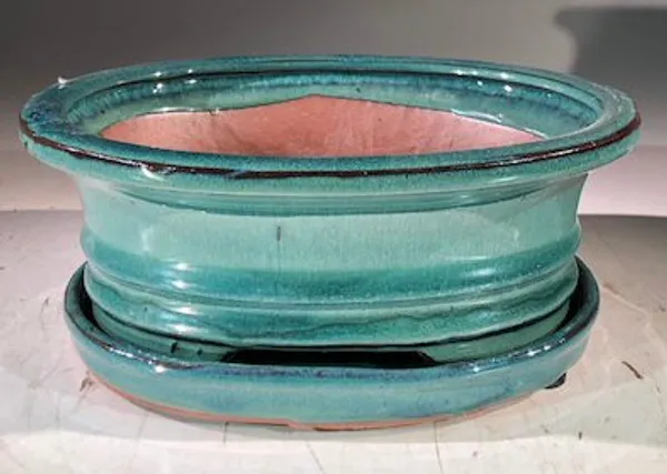 Blue / Green Ceramic Bonsai Pot, Oval With Humidity Drip Tray 8" x 6" x 3"
