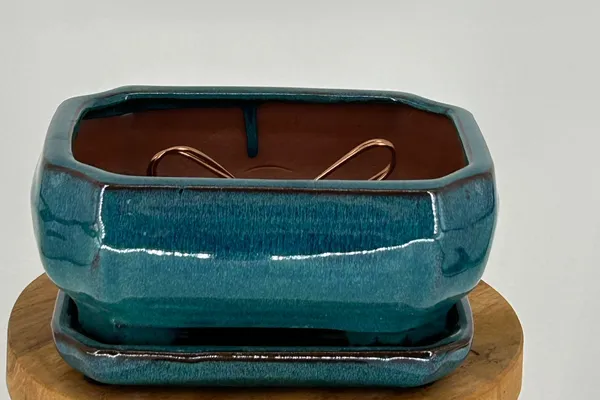Blue / Green Ceramic Bonsai Pot, Rectangle with Attached Humidity/Drip Tray 6.37" x 4.75" x 2.625