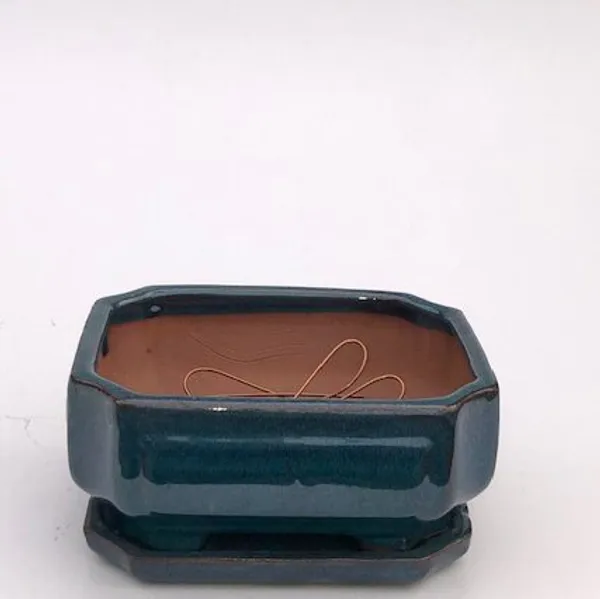 Blue / Green Ceramic Bonsai Pot, Rectangle with Attached Humidity/Drip tray 8.25" x 6.5" x 4.0"