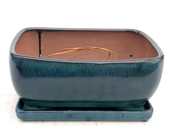 Blue / Green Ceramic Bonsai Pot, Rectangle with Attached Humidity/Drip Tray 10.75" x 8.5" x 4.125"