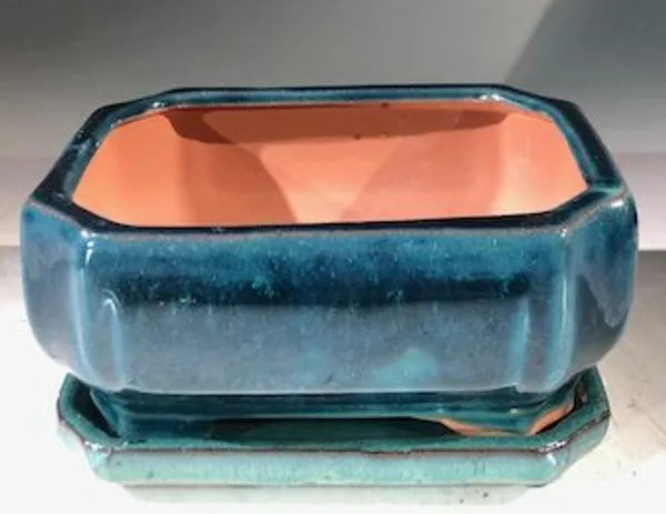 Blue / Green Ceramic Bonsai Pot, Rectangle With Humidity Drip Tray 6" x 4.5" x 3"
