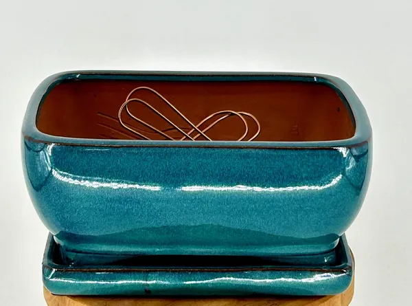 Blue / Green Ceramic Bonsai Pot With Attached Humidity/Drip tray- Rectangle 8.5" x 6.5" x 4.0"