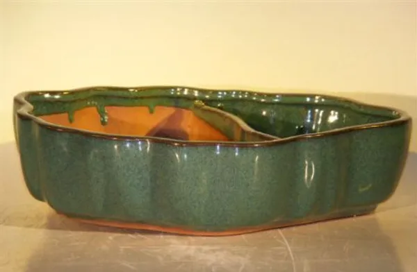 Blue/Green Ceramic Bonsai Pot with Scalloped Edges, Land/Water Divider 8.75" x 6.0" x 3.0"