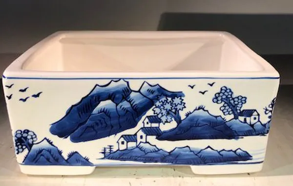 Blue on White Porcelain Bonsai Pot, Rectangle 10.5" x 7.5" x 4"