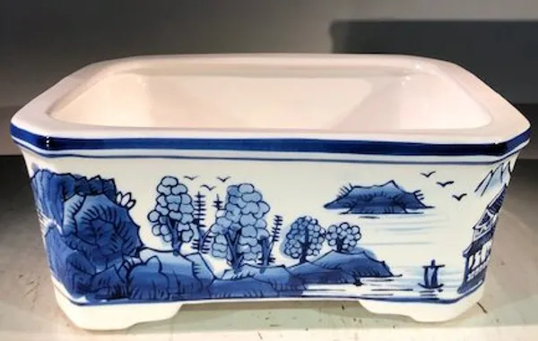 Blue on White Porcelain Bonsai Pot, Rectangle 10.5" x 7.5" x 4"