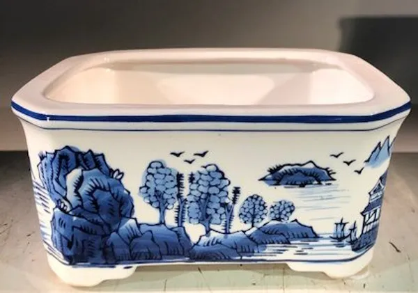 Blue on White Porcelain Bonsai Pot, Rectangle 8.5" x 6.5" x 4"