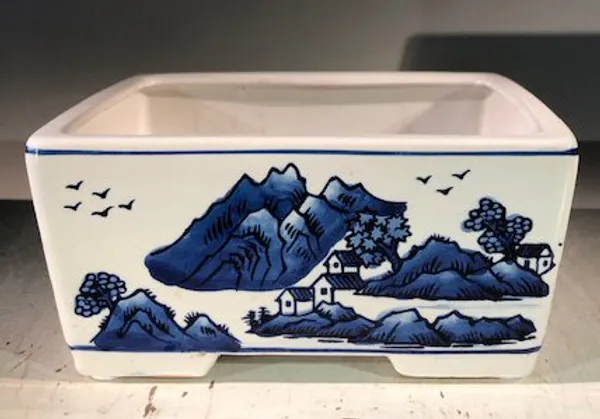 Blue on White Porcelain Bonsai Pot, Rectangle 8.5" x 6.5" x 4"