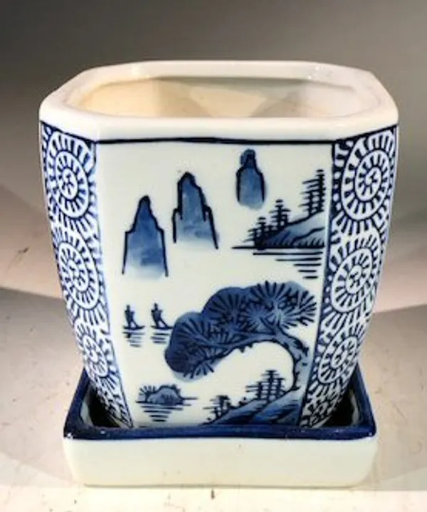Blue on White Porcelain Bonsai Pot, Square With Attached Humidity Drip Tray 4" x 4" x 4"