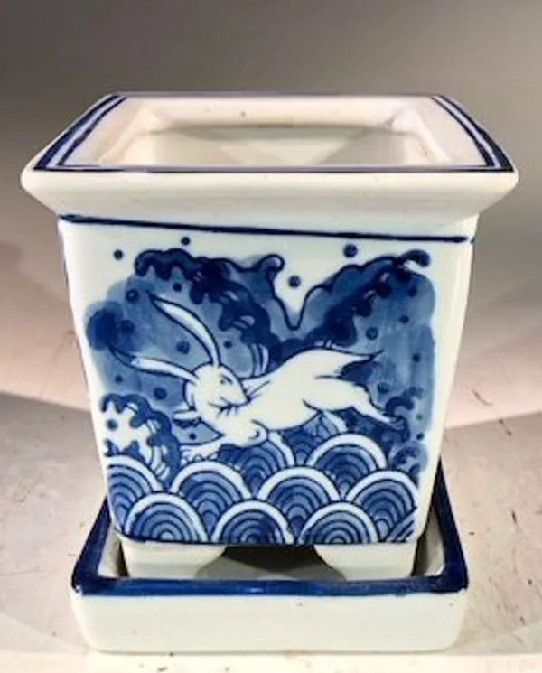 Blue on White Porcelain Bonsai Pot, Square With Attached Humidity Drip Tray 4" x 4" x 4"