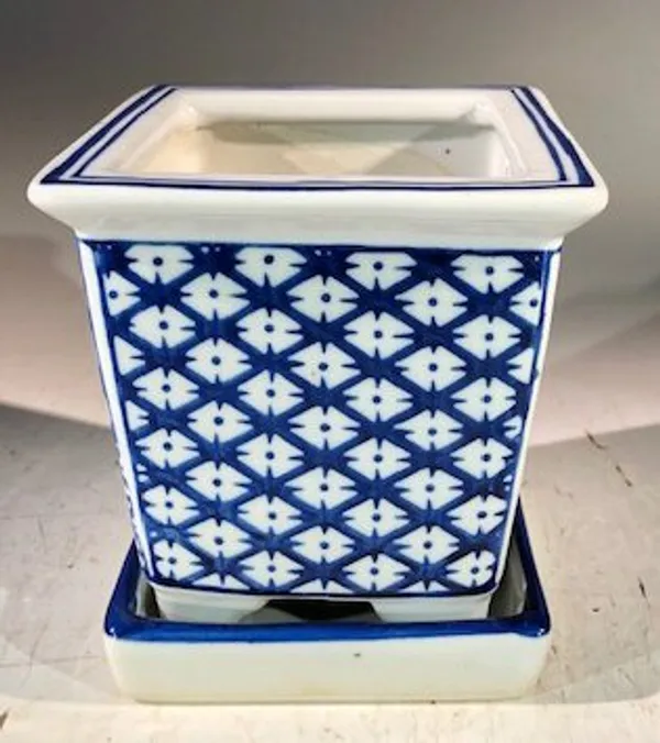 Blue on White Porcelain Bonsai Pot, Square With Attached Humidity Drip Tray 4" x 4" x 4"