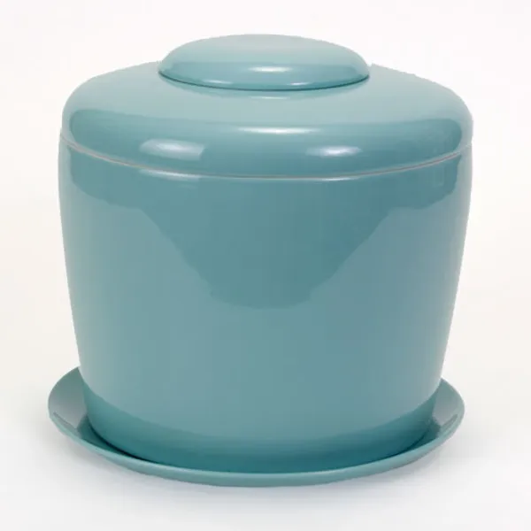 Celadon Blue Porcelain Ceramic Bonsai Cremation Urn with Matching Humidity / Drip Tray Round