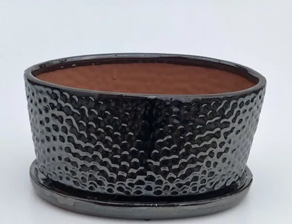 Crackle Black Ceramic Bonsai Pot, Oval With Humidity / Drip Tray 10.5" x 8.25" x 4.75"