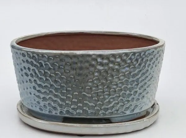 Crackle Pearl Ceramic Bonsai Pot, Oval With Humidity / Drip Tray 10.5" x 8.25" x 4.75"