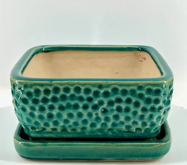Crackle Teal Green Square Ceramic Bonsai Pot With Humidity / Drip Tray 9
