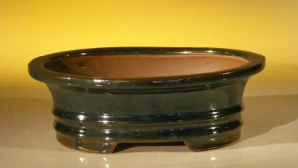 Dark Green Ceramic Bonsai Pot, Oval 8 1/8" x 6.75" x 2.75"