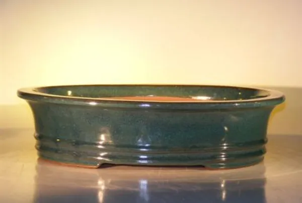 Dark Moss Green Ceramic Bonsai Pot, Oval 17.5" x 13.75" x 4.5"