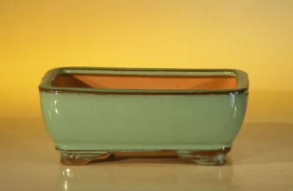 Green Ceramic Bonsai Pot, Rectangle 6.125" x 5.0" x 2.125"