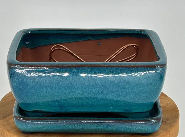 Green Ceramic Bonsai Pot With Attached Humidity/Drip tray, Rectangle 6.37" x 4.75" x 2.625"