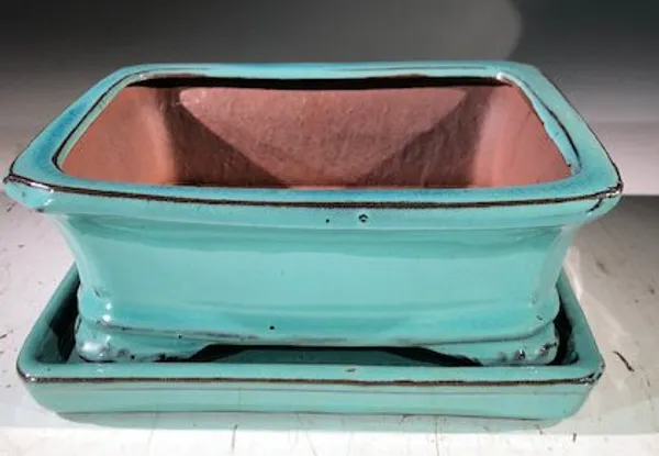 Light Blue Ceramic Bonsai Pot, Rectangle With Humidity Drip Tray 7" x 5.5" x 3"