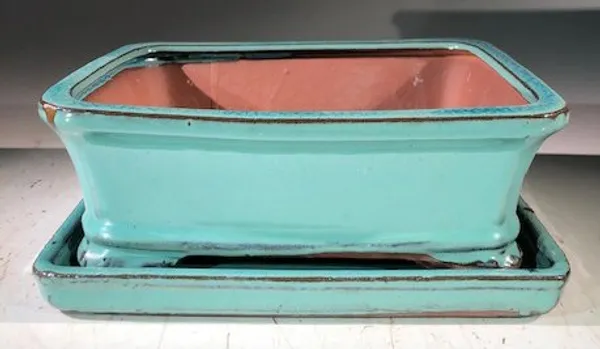 Light Blue Ceramic Bonsai Pot, Rectangle With Humidity Drip Tray 8" x 6" x 3"