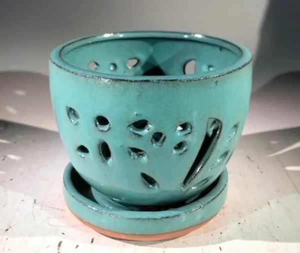 Light Blue Ceramic Orchid Pot, Round With Attached Humidity Drip Tray 6" x 4.75" tall