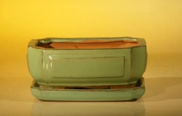 Light Green Ceramic Bonsai Pot, Rectangle with Attached Humidity/Drip tray 6.37" x 4.75" x 2.625"